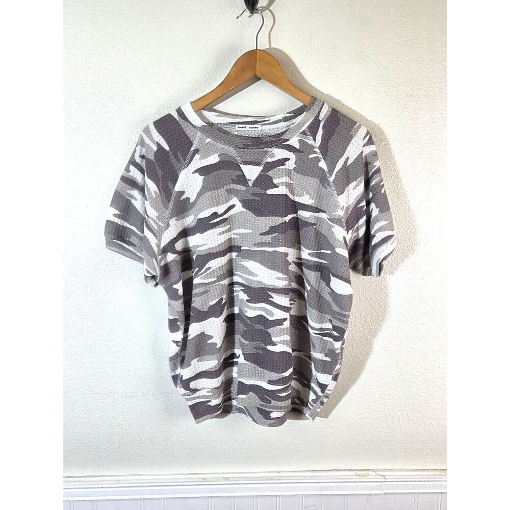 Sweet Romeo Camo Waffle Knit Top Womens Small Gray Short Sleeve Casual Tee